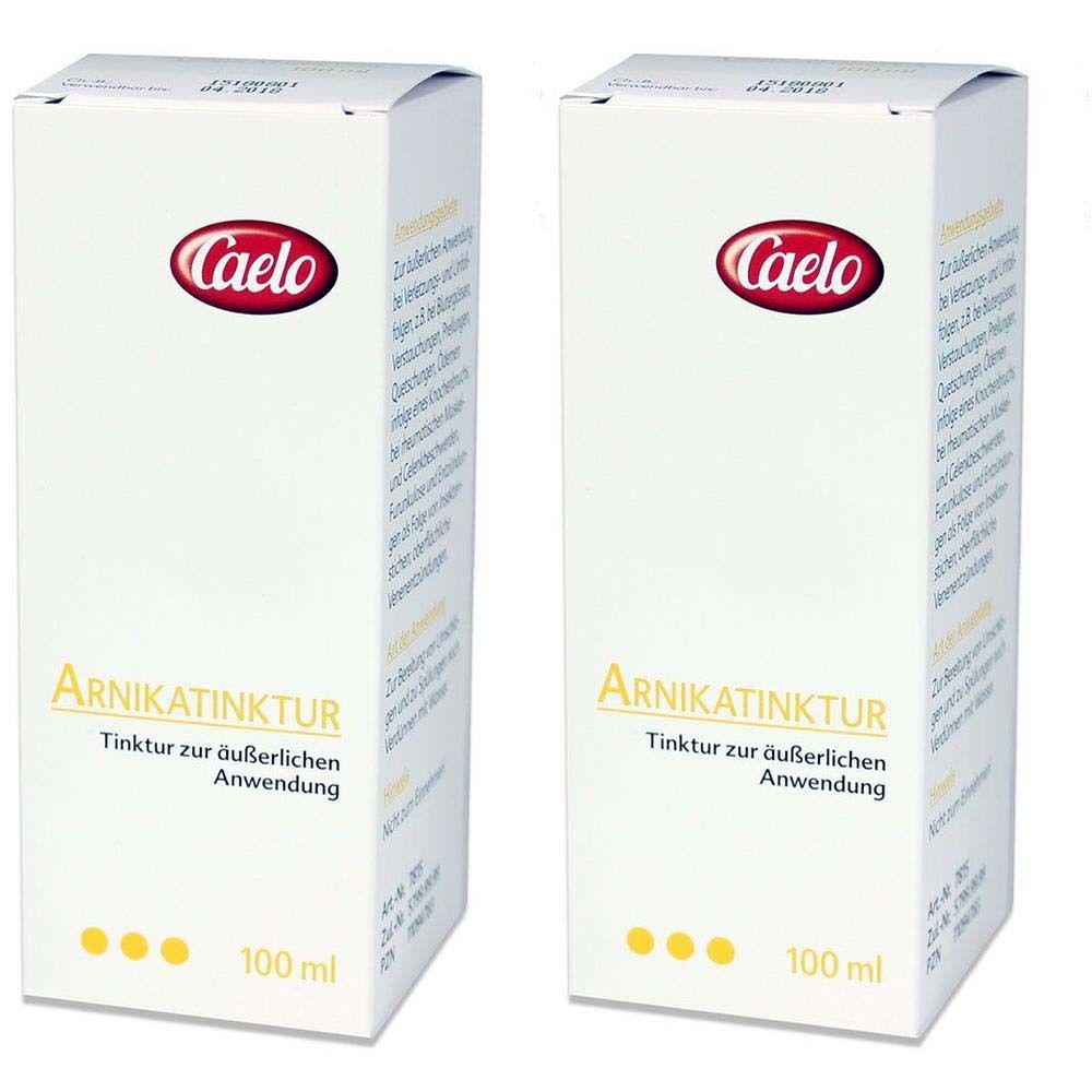 Zwei weiße Kartons mit rotem Logo "Caelo" und Aufschrift "Arnikatinktur". Gelbe Punkte und "100 ml" sind sichtbar.