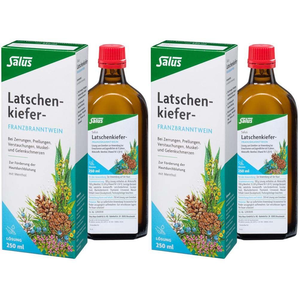 Zwei Kartons und zwei Flaschen. Kartons mit Produktnamen und Logo. Braune Flaschen mit rotem Verschluss.