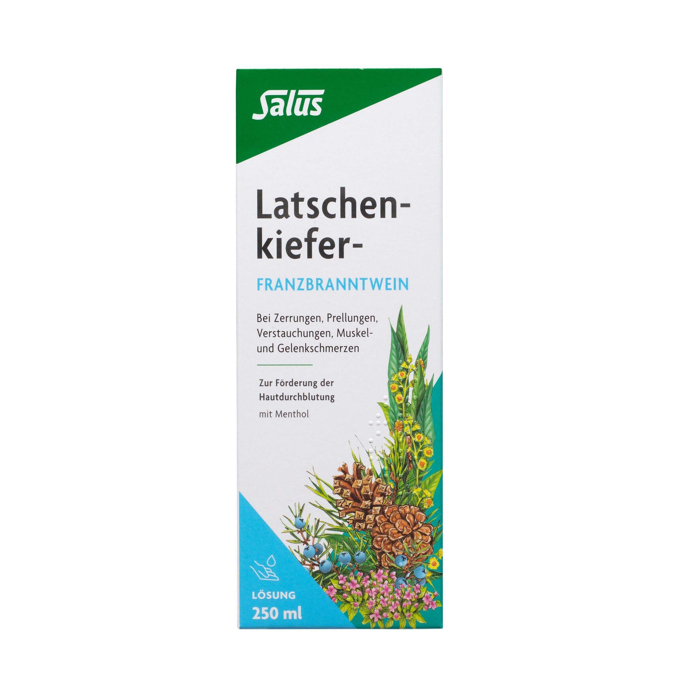 Produktverpackung. Weißer Karton mit Produktnamen und Logo. Illustration von Pflanzen und Produktinformationen.