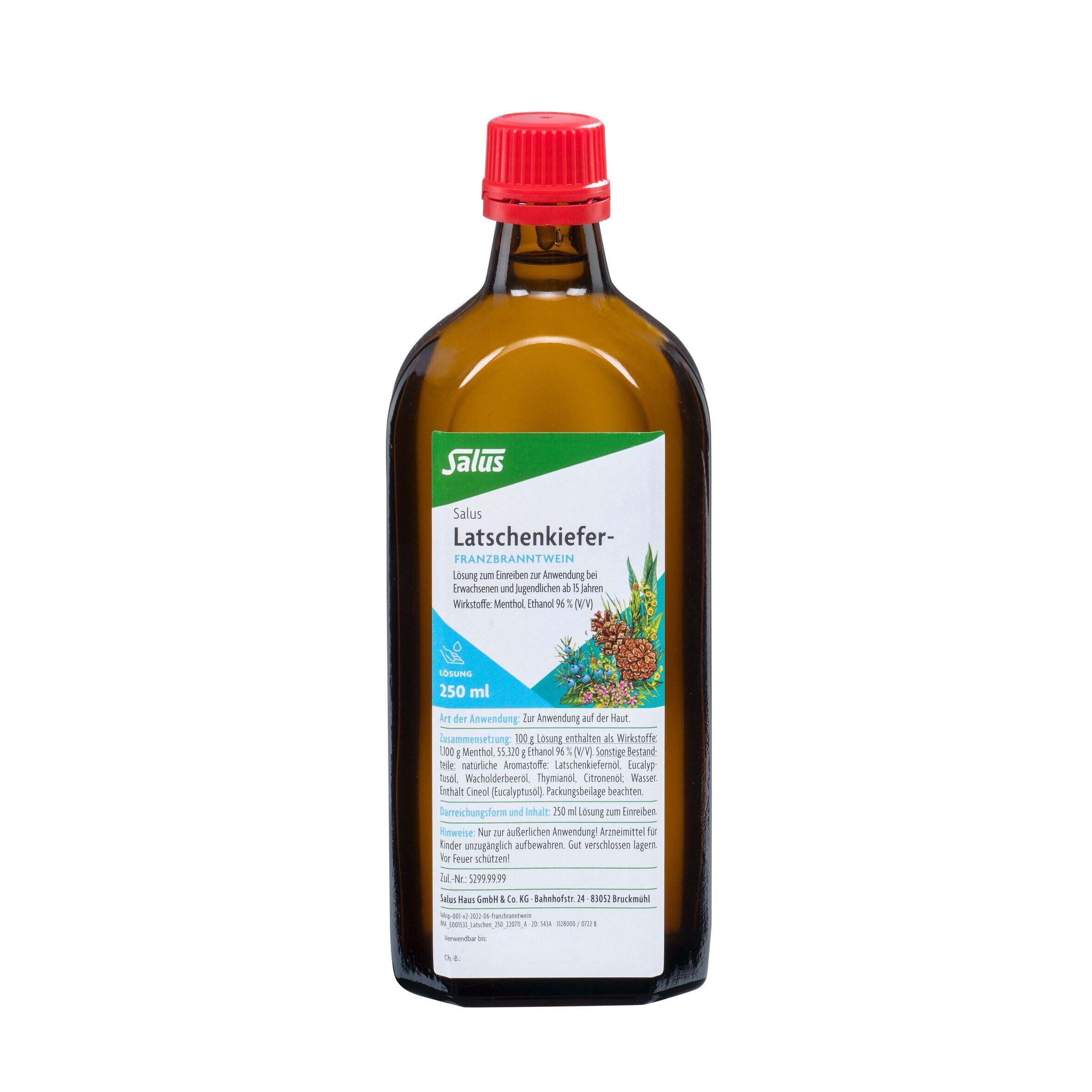 Braune Flasche mit rotem Verschluss. Produktname und Logo auf dem Etikett. Produktinformationen.