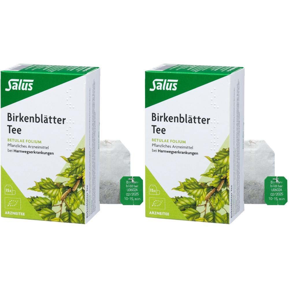 Zwei Kartons Salus® Birkenblätter Tee mit Teebeuteln. Aufdruck: Birkenblätter Tee, Betulae folium, pflanzliches Arzneimittel.