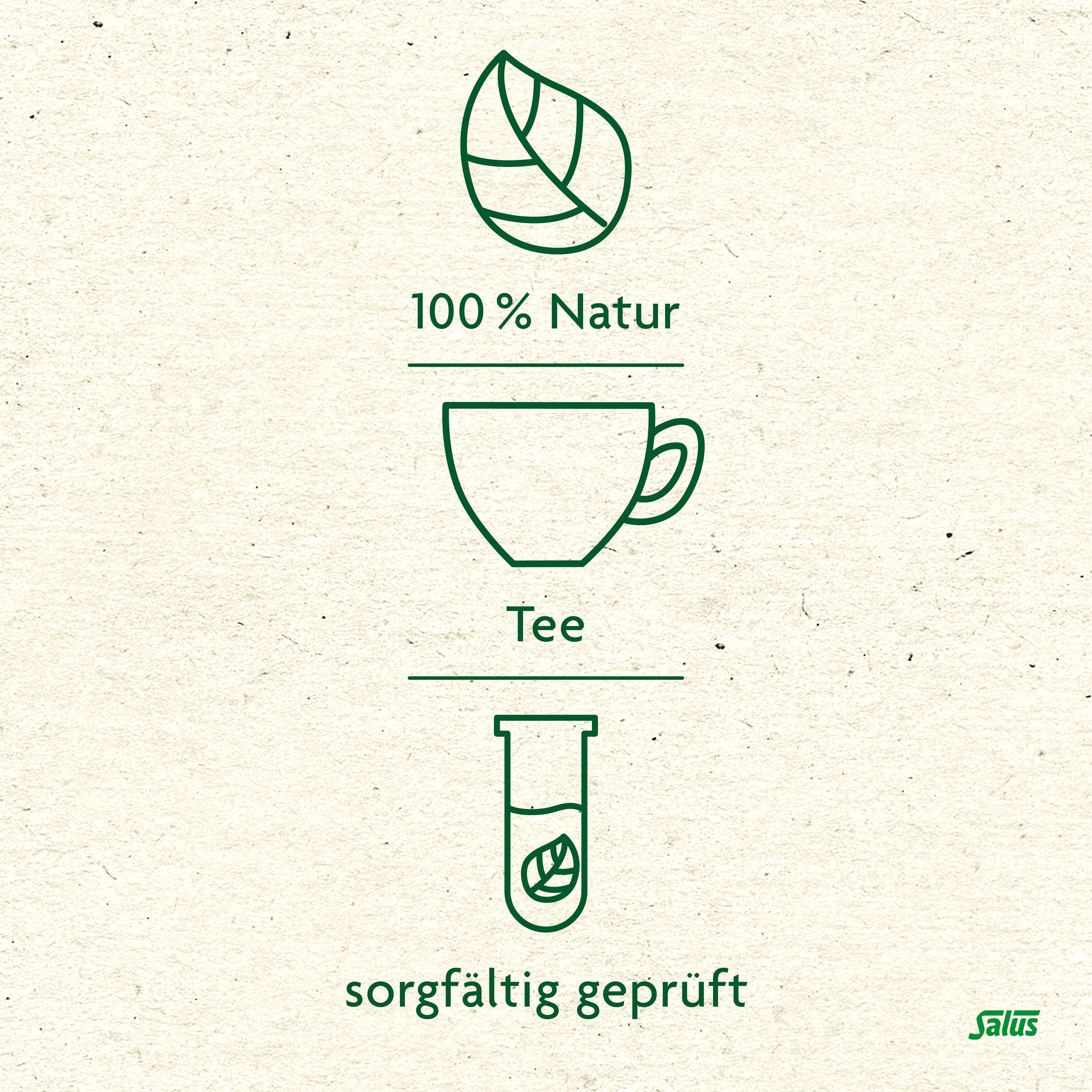 Grafische Darstellung: 100% Natur, Teetasse, sorgfältig geprüft. Salus® Logo.