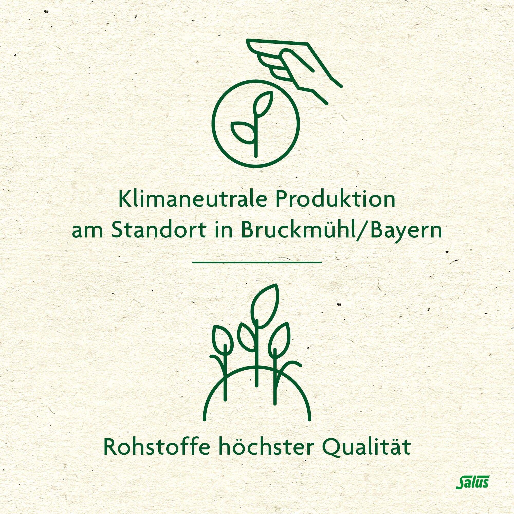 Grafische Darstellung: Klimaneutrale Produktion, Rohstoffe höchster Qualität. Salus® Logo.