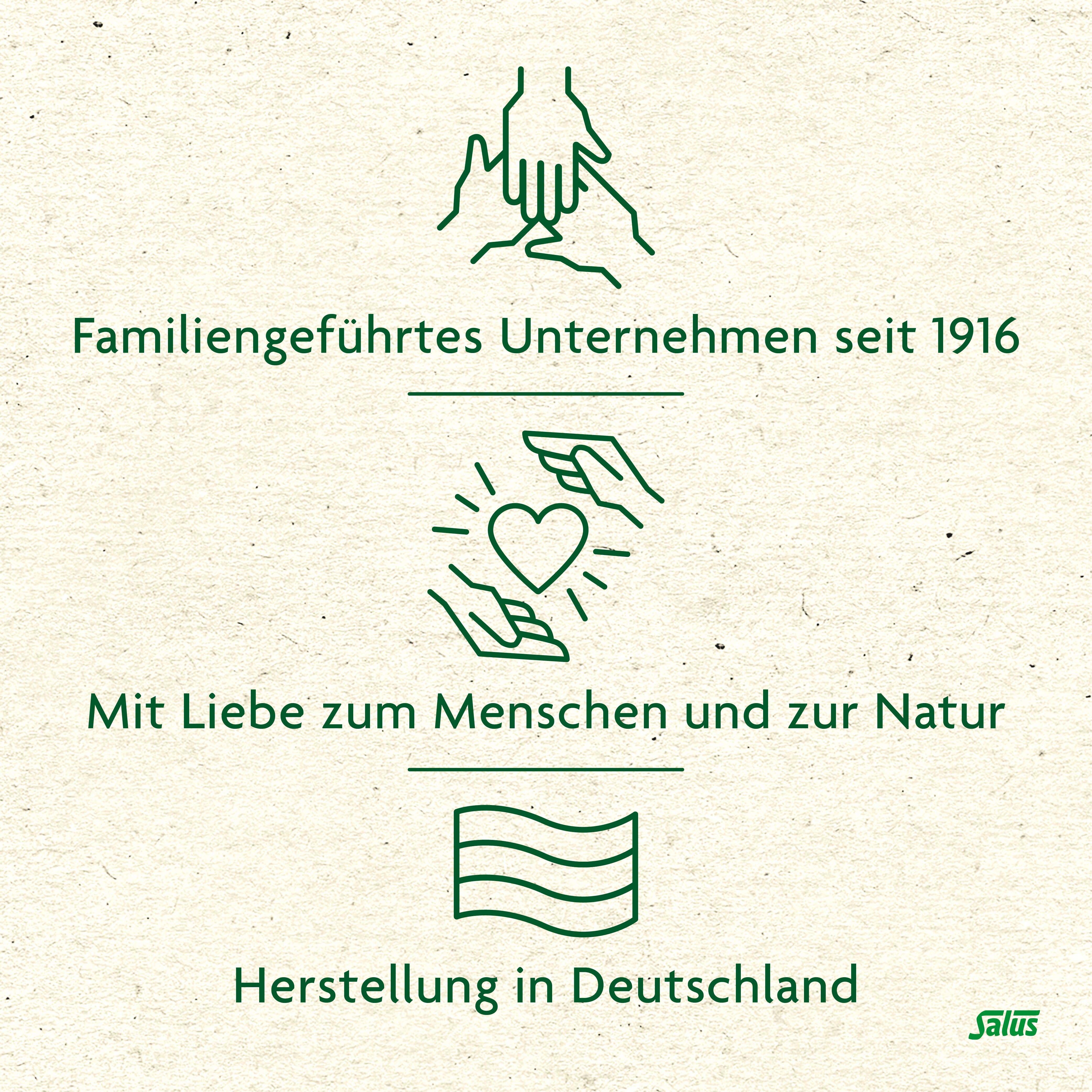 Grafische Darstellung: Familiengeführtes Unternehmen, Mit Liebe zum Menschen und zur Natur, Herstellung in Deutschland. Salus® Logo.