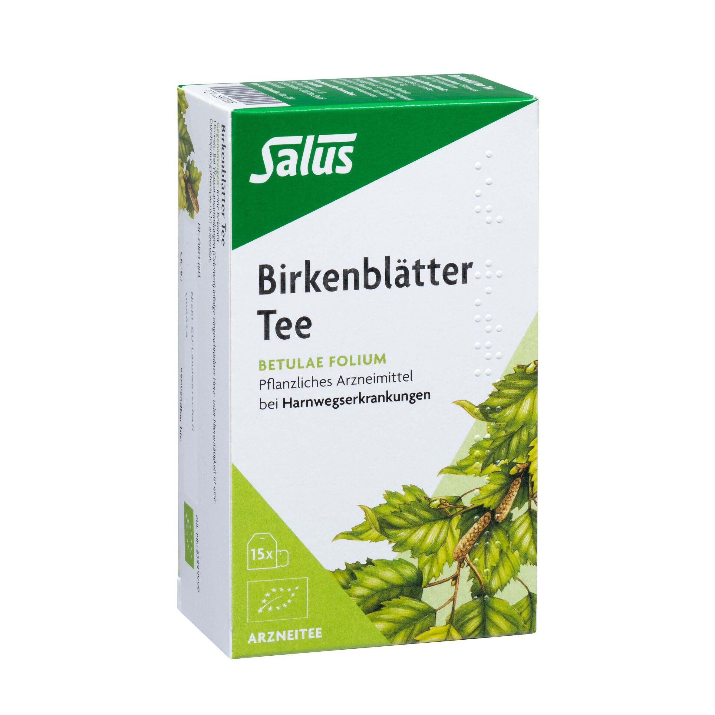 Salus® Birkenblätter Tee Packung. Text: Betulae folium, pflanzliches Arzneimittel bei Harnwegserkrankungen.