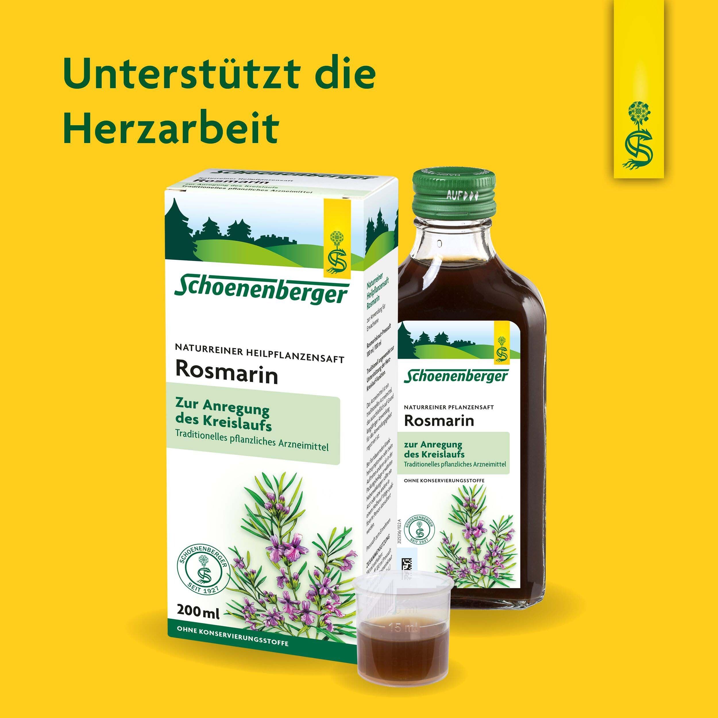 Packung und Flasche Schoenenberger Rosmarin. Flasche mit grünem Deckel, brauner Flüssigkeit. Becher mit Flüssigkeit.