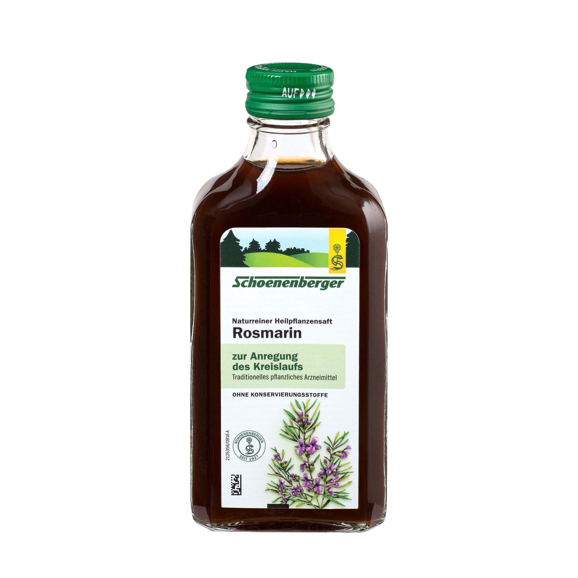 Flasche Schoenenberger Rosmarin mit grünem Deckel. Braune Flüssigkeit.