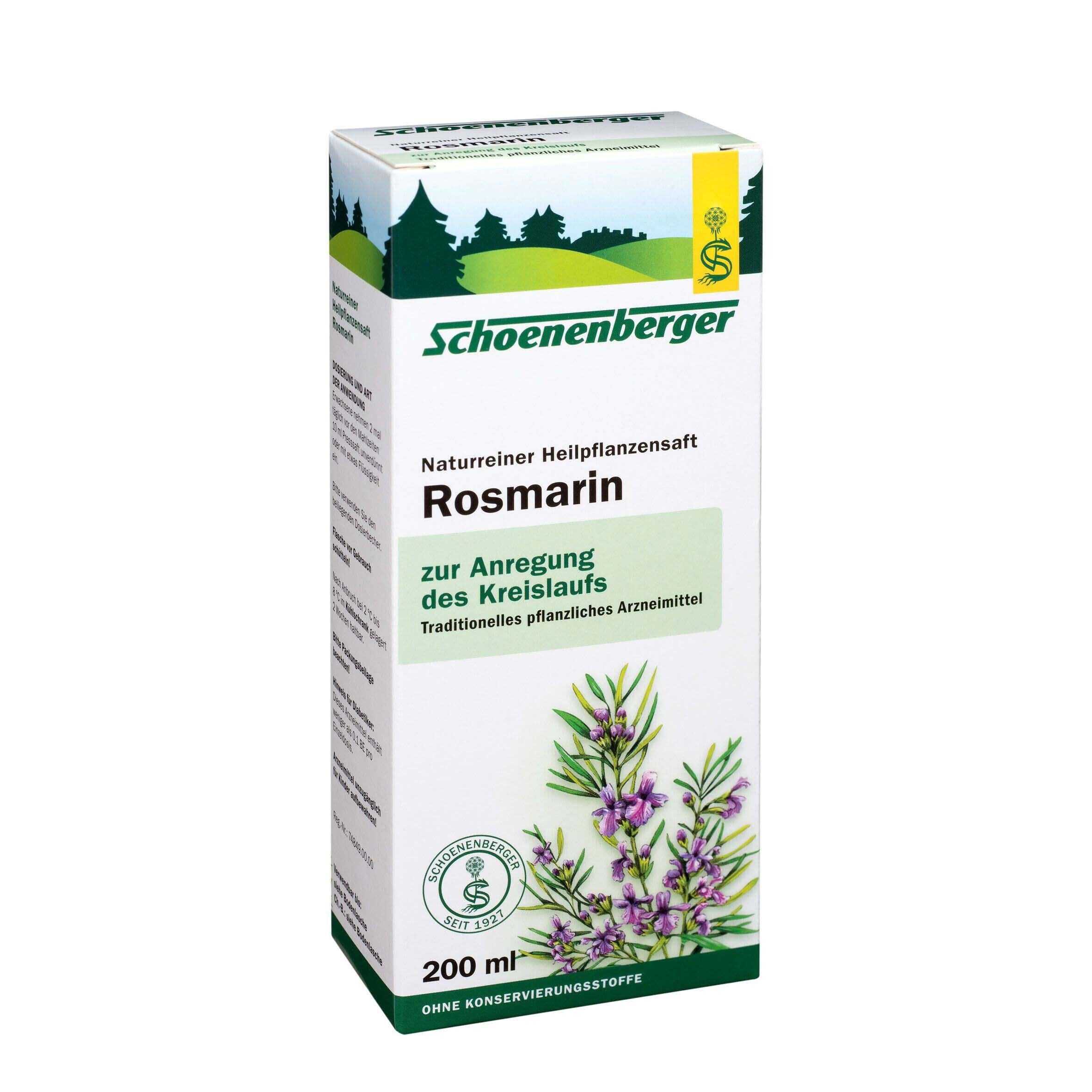 Packung Schoenenberger Rosmarin. Weiß mit grünen und lila Elementen.