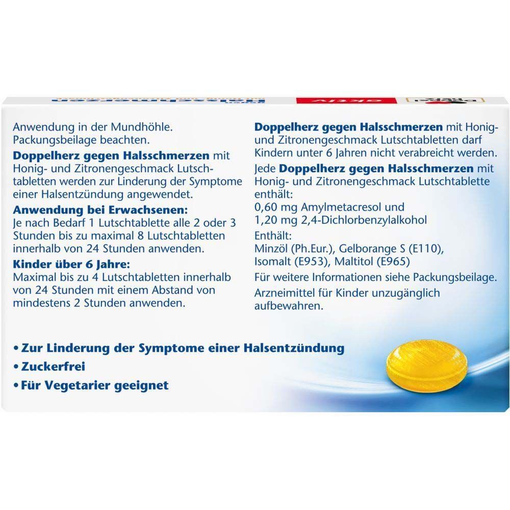 Rückseite der Doppelherz aktiv gegen Halsschmerzen Packung. Textinformationen zu Anwendung und Inhaltsstoffen. Gelbe Lutschtablette.