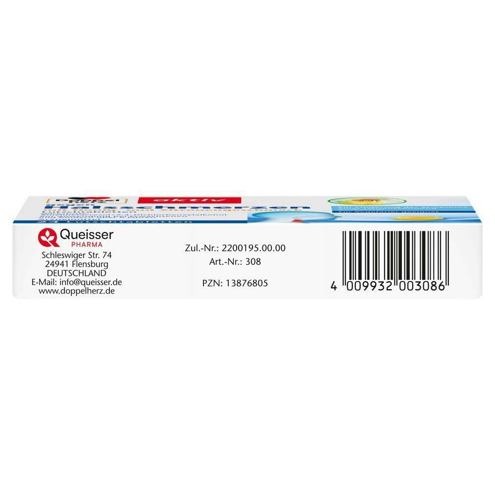 Schachtel von Doppelherz aktiv gegen Halsschmerzen. Herstellerinformationen, Chargennummer und Barcode. Weißer Hintergrund.