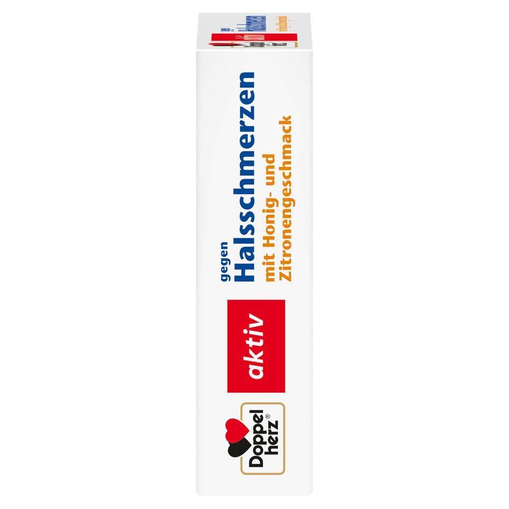 Seitenansicht der Doppelherz aktiv gegen Halsschmerzen Packung. Produktname und Logo. Rote und weiße Farbgebung.