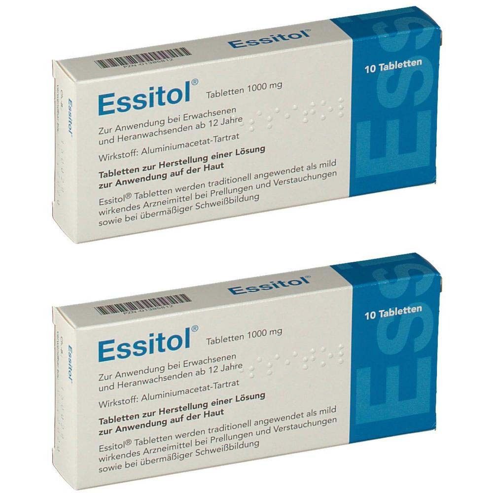 Zwei Schachteln Essitol® Tabletten 1000 mg. Weiße Schachteln mit blauer Schrift. Aufschrift: 10 Tabletten.