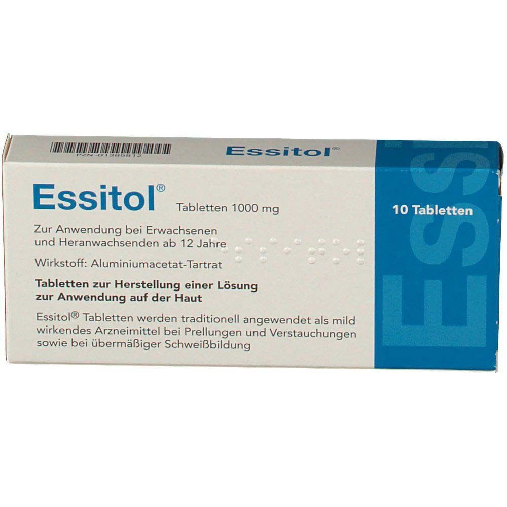 Essitol® Tabletten 1000 mg Schachtel. Weiße Schachtel mit blauer Schrift. Aufschrift: 10 Tabletten.