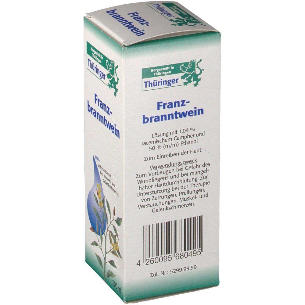 Thüringer Franzbranntwein-Karton. Weiß mit grüner Schrift. Aufdruck: Franzbranntwein, hilft bei Muskel- und Gelenkschmerzen. Barcode und Produktinformationen auf der Seite.