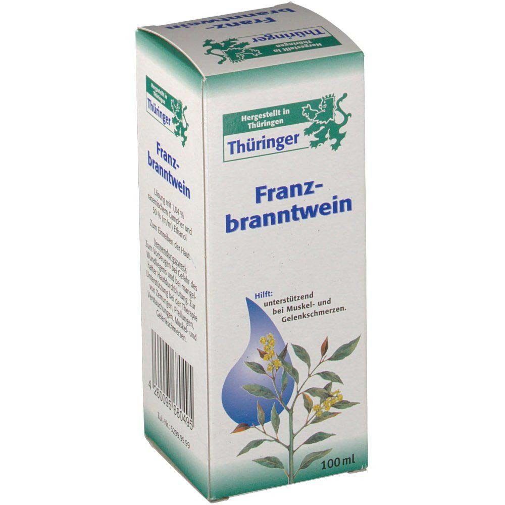 Thüringer Franzbranntwein-Karton. Weiß mit grüner Schrift. Aufdruck: Franzbranntwein, hilft bei Muskel- und Gelenkschmerzen. Abbildung einer Blüte und Produktinformationen.
