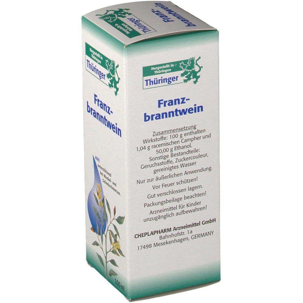 Thüringer Franzbranntwein-Karton. Weiß mit grüner Schrift. Aufdruck: Franzbranntwein, hilft bei Muskel- und Gelenkschmerzen. Produktzusammensetzung und Herstellerinformationen.