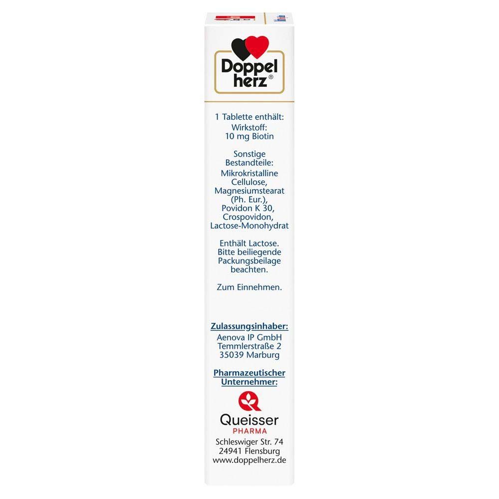 Seitenansicht der Doppelherz aktiv Biotin Packung. Auflistung der Inhaltsstoffe und Herstellerinformationen. Logo.