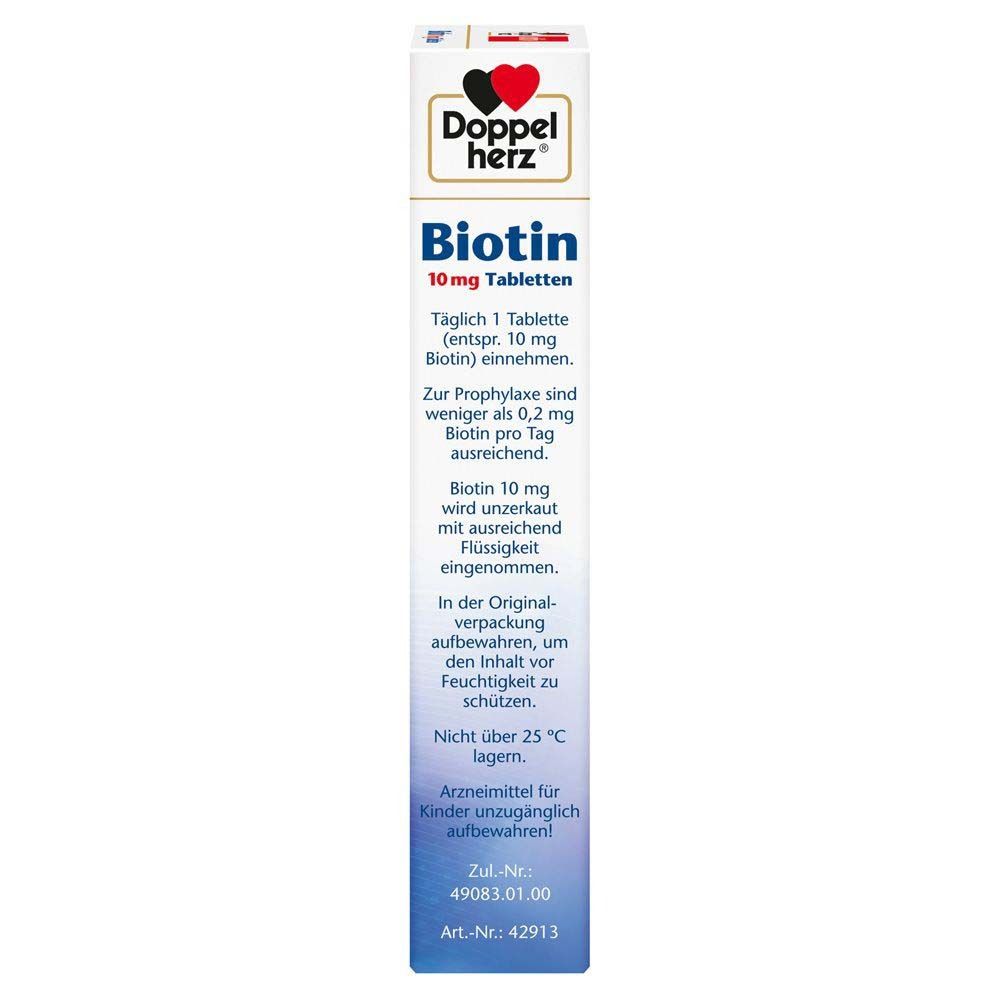 Seitenansicht der Doppelherz aktiv Biotin Packung. Dosierung: 1 Tablette täglich. Lagerungshinweise. Zulassungsnummer.