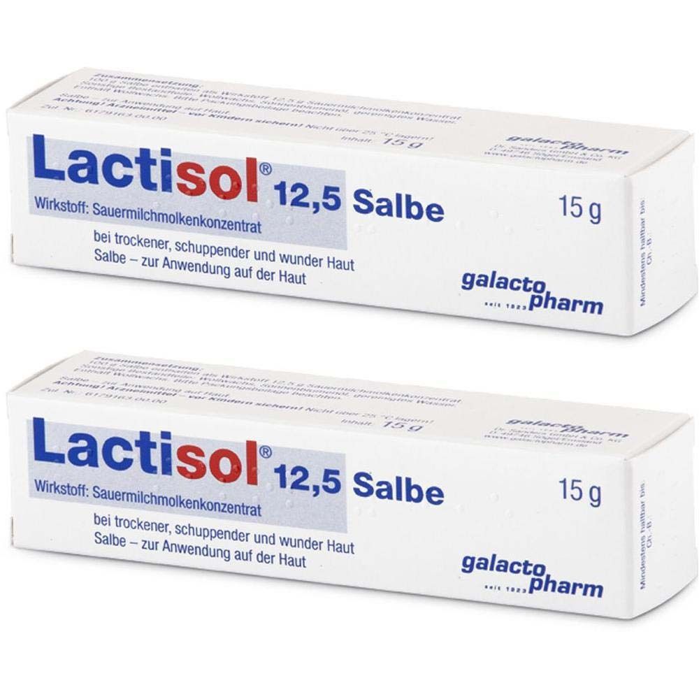 Zwei weiße Kartons mit der Aufschrift Lactisol 12,5 Salbe. Aufdruck: 15 g, galacto pharm. Text: bei trockener, schuppender und wunder Haut.