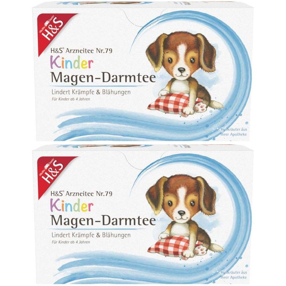Zwei Packungen H&S® Kinder Magen-Darmtee. Aufdruck: Hund mit Kissen, Wellen. Text: Lindert Krämpfe & Blähungen.