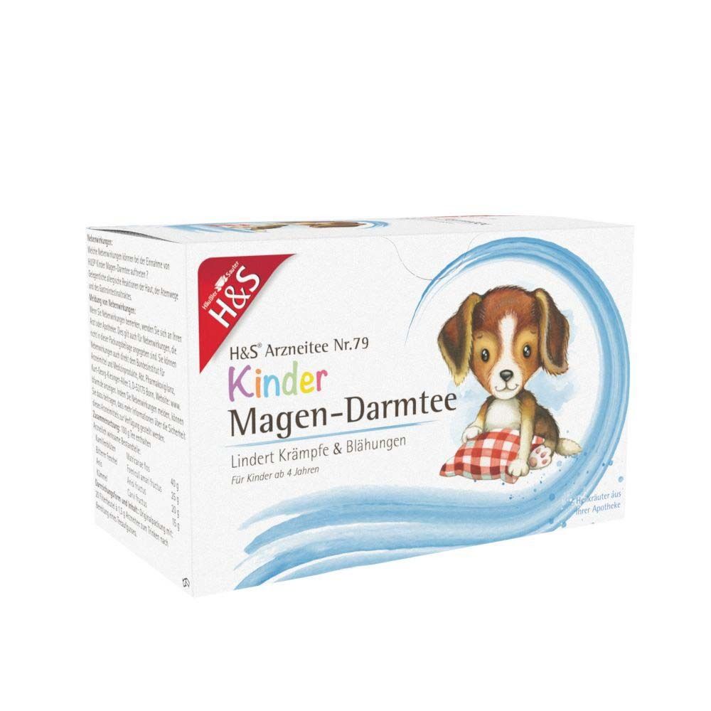 H&S® Kinder Magen-Darmtee Packung. Abbildung: Hund mit Kissen. Text: Lindert Krämpfe & Blähungen. Für Kinder ab 4 Jahren.