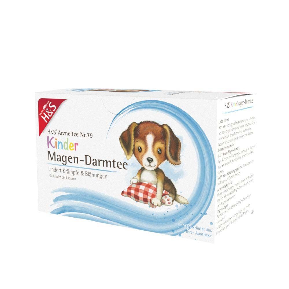 H&S® Kinder Magen-Darmtee Packung. Abbildung: Hund mit Kissen. Text: Lindert Krämpfe & Blähungen. Für Kinder ab 4 Jahren.
