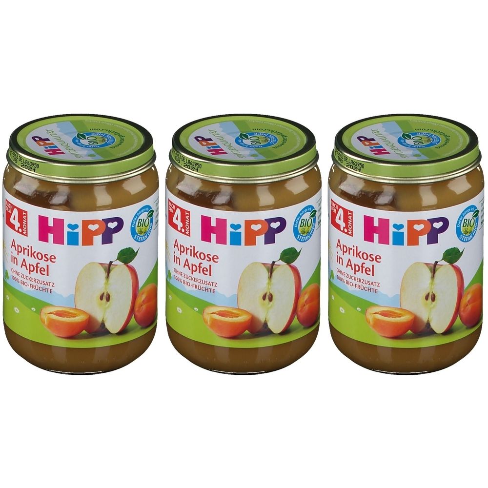Drei Gläser Hipp Aprikose in Apfel. Gläser mit Deckel, Etikett mit Apfel- und Aprikosenabbildung. Bio-Qualität.