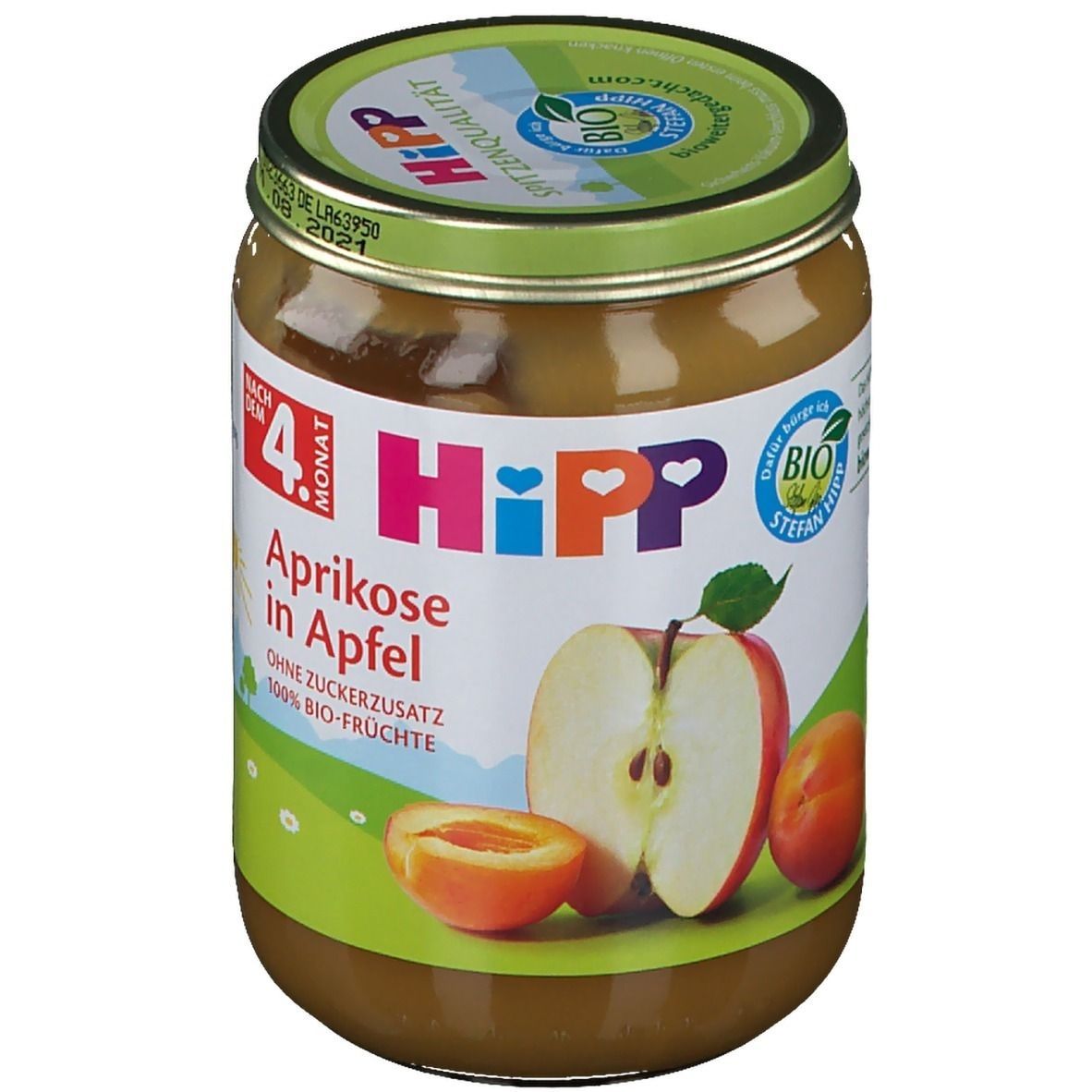 Glas mit Babynahrung. Aufschrift: Hipp Aprikose in Apfel. Bio-Qualität. Ab dem 4. Monat.