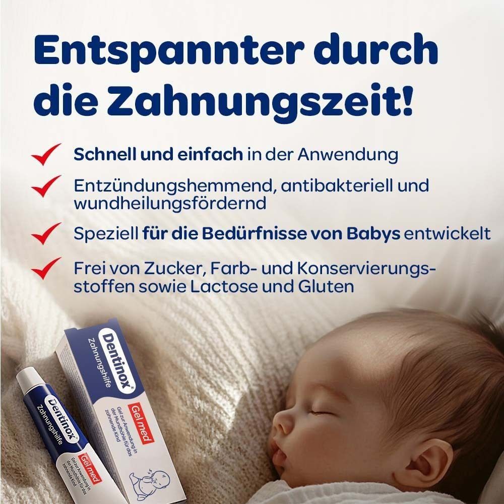 Baby schläft. Dentinox Gel med Zahnungshilfe, Tuben und Text über Vorteile.