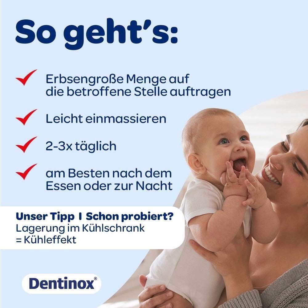 Mutter und Baby lachen. Text über Anwendung: Erbsengroße Menge, einmassieren, 2-3x täglich.