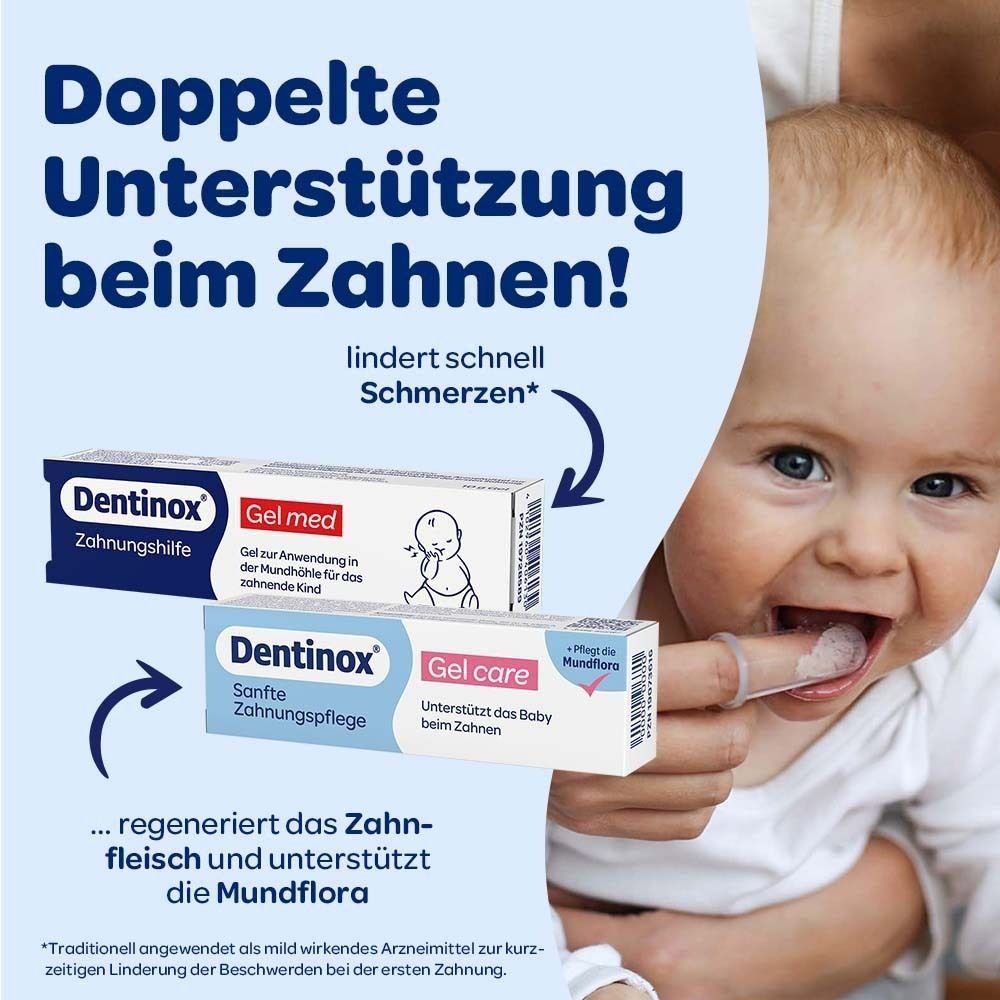 Baby und Mutter lächeln. Dentinox Gel med und Gel care. Text über Schmerzlinderung.