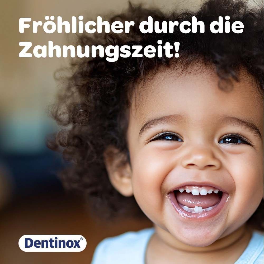 Lachendes Kind. Dentinox Logo.