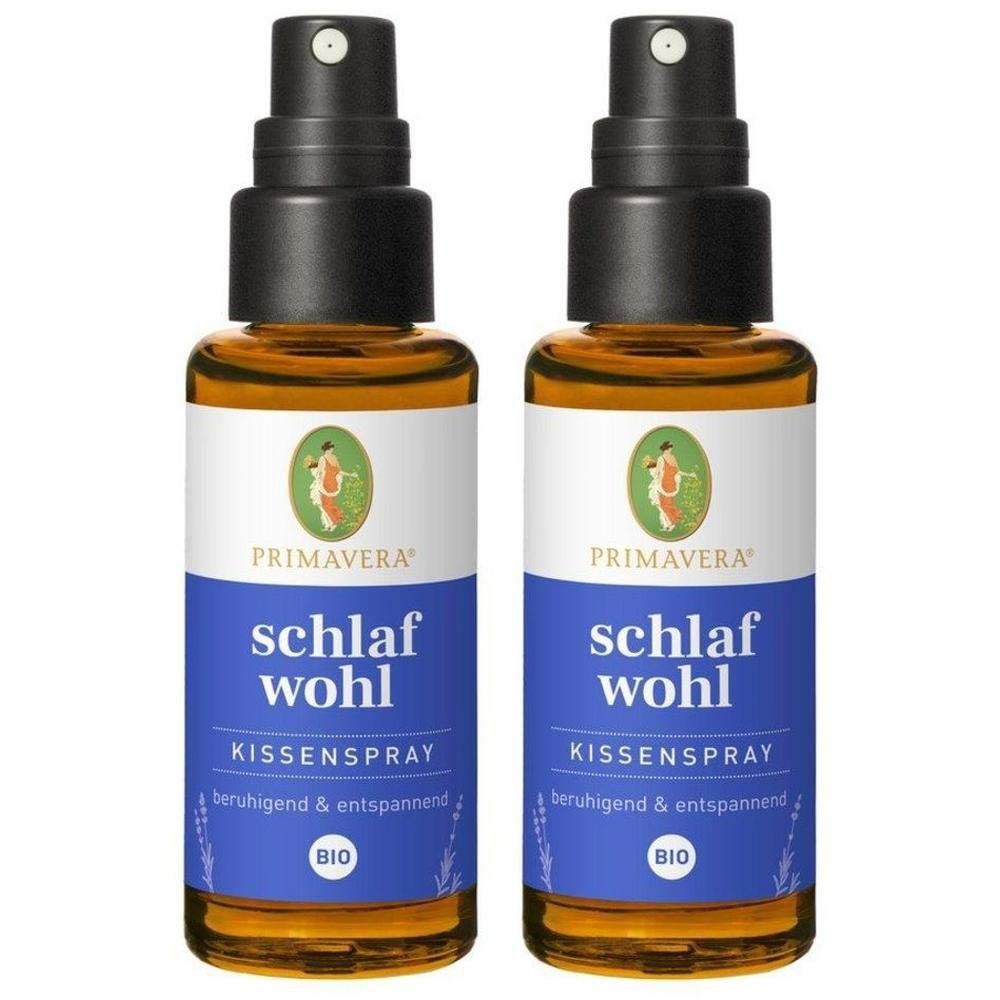 Zwei Sprühflaschen mit schwarzem Sprühkopf. Aufschrift: schlaf wohl, Kissenspray, beruhigend & entspannend. Logo: Primavera, Bio-Siegel.