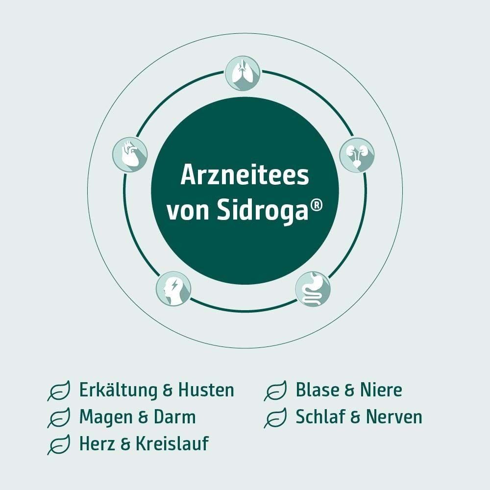 Kreisförmige Darstellung. Logo Sidroga®. Bereiche: Erkältung & Husten, Magen & Darm, Herz & Kreislauf, Blase & Niere, Schlaf & Nerven.