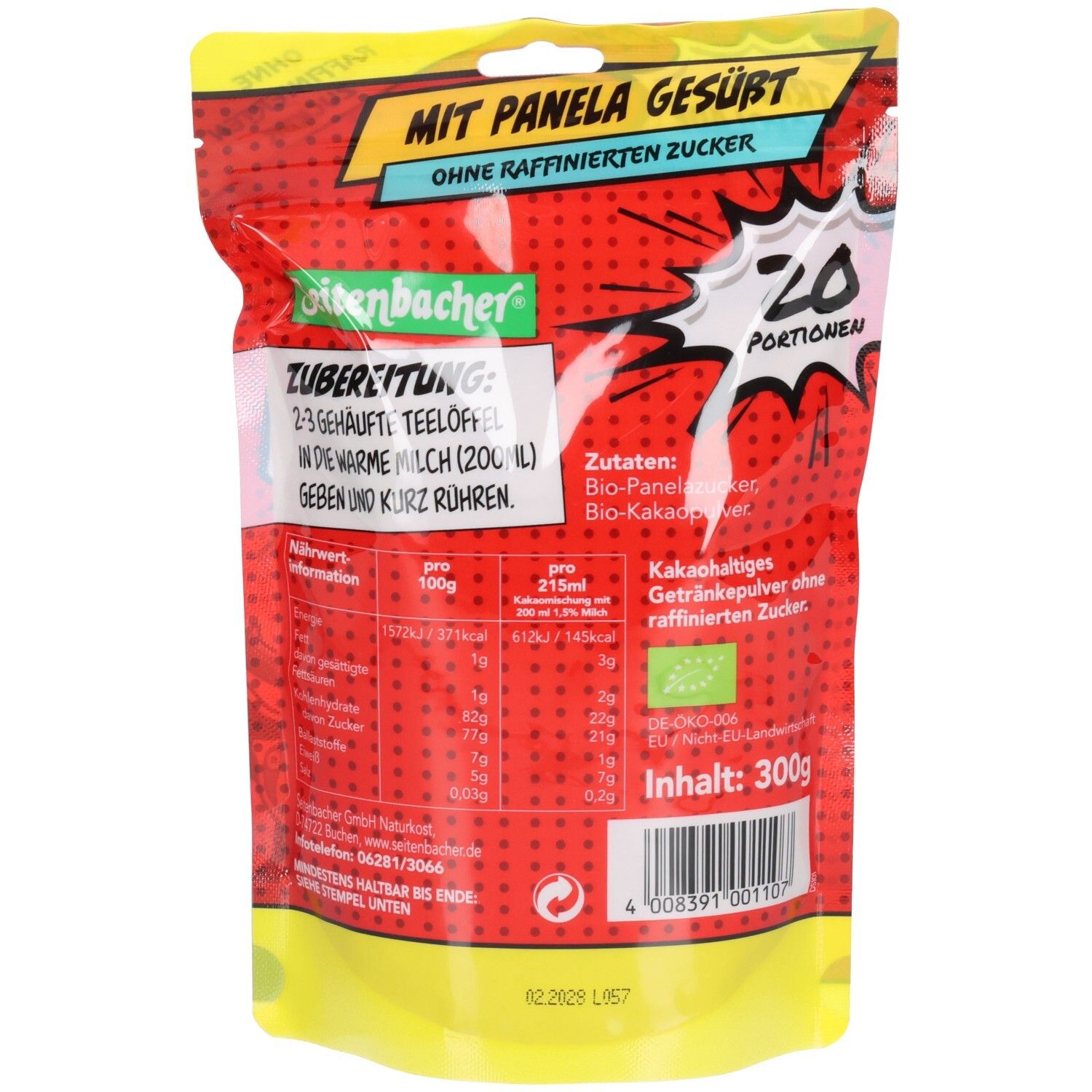 Rückseite der Seitenbacher® Super-Bio Kakao-Karle Verpackung. Enthält Nährwertangaben, Zutatenliste und Zubereitungshinweise.