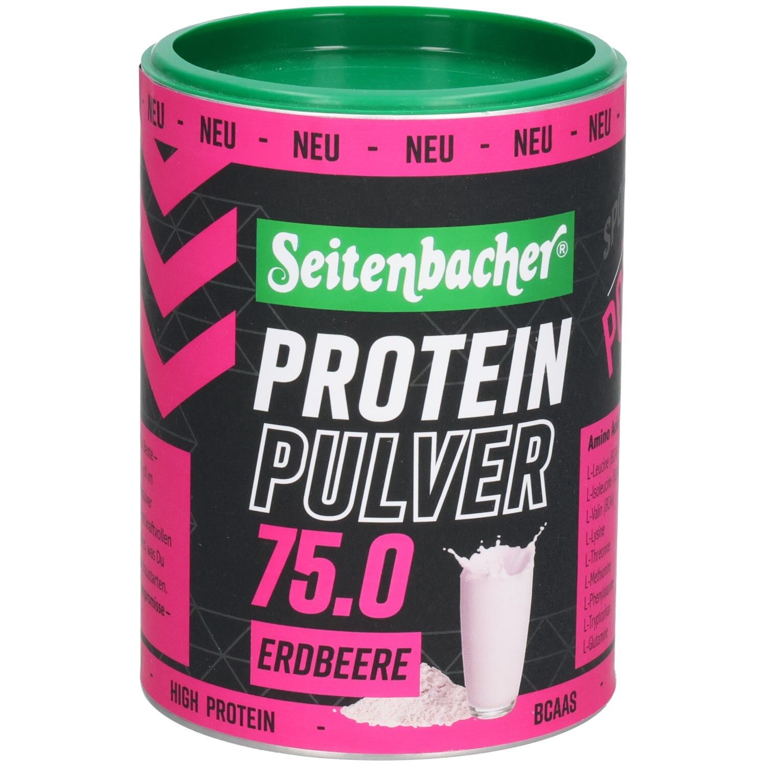 Zylindrische Dose mit grünem Deckel. Aufschrift: Seitenbacher Protein Pulver 75.0 Erdbeere. Abbildung eines Getränks.