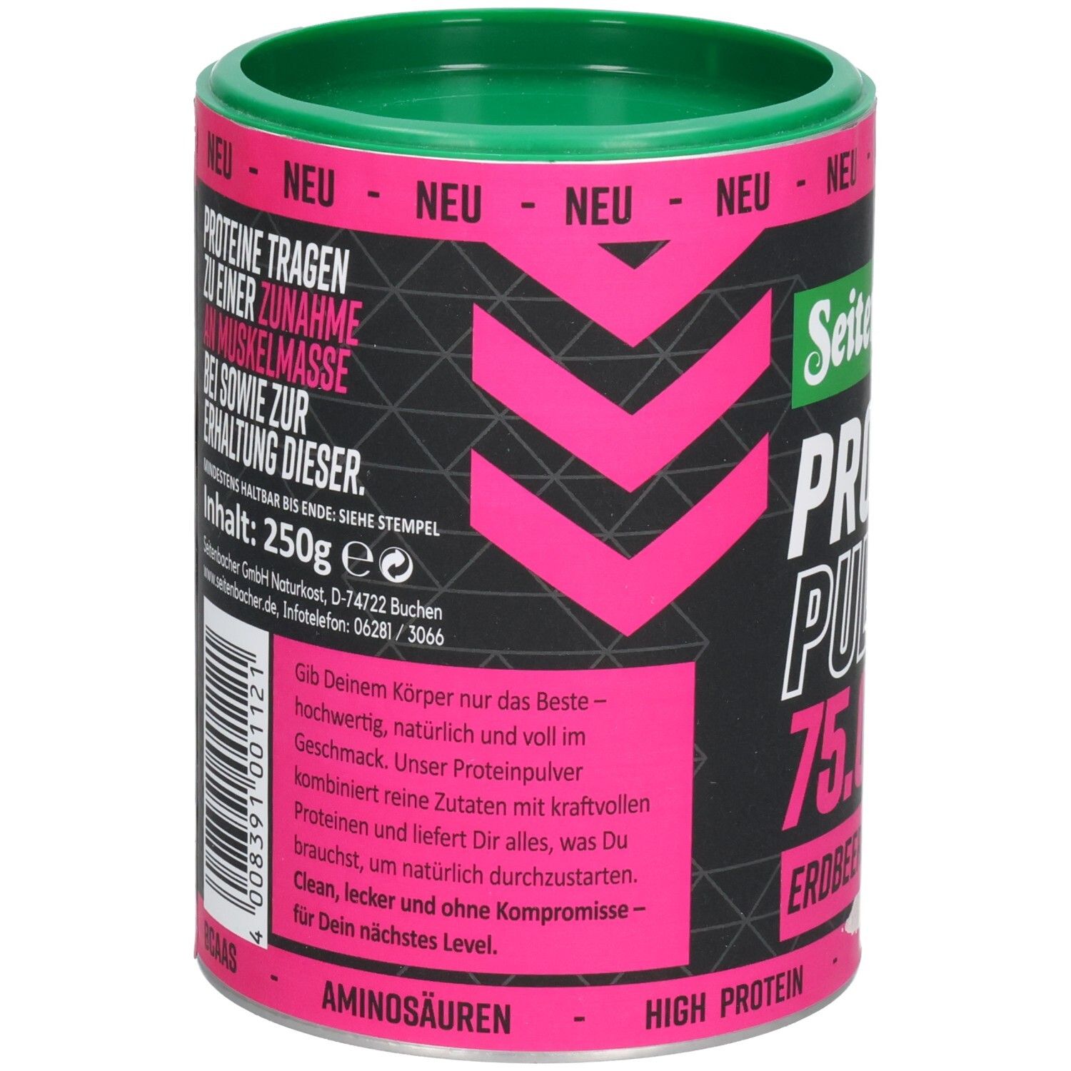 Zylindrische Dose mit grünem Deckel. Rückseite mit Text und Nährwertangaben. Inhalt: 250g. Herstellerinformationen.