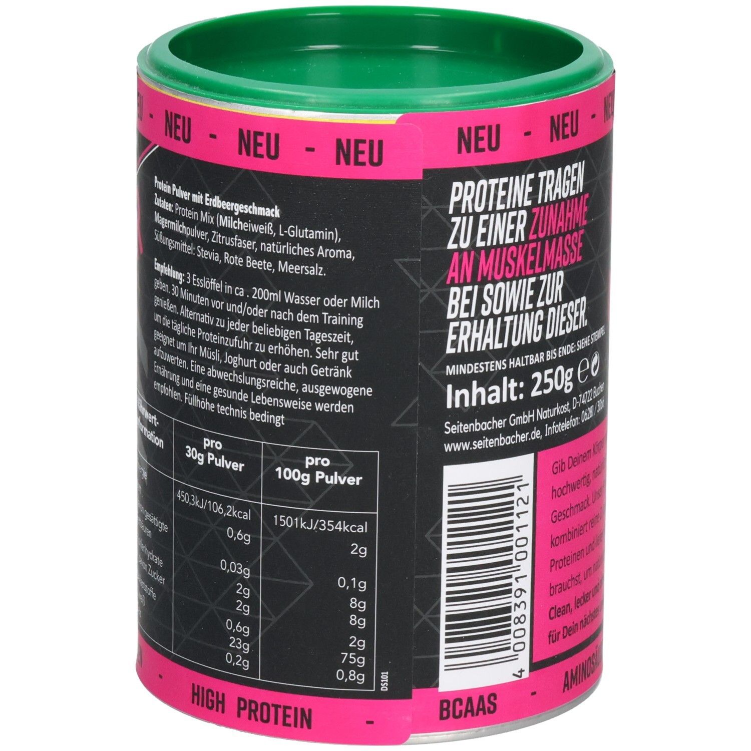 Zylindrische Dose mit grünem Deckel. Rückseite mit Text, Zutaten und Nährwertangaben. Inhalt: 250g.