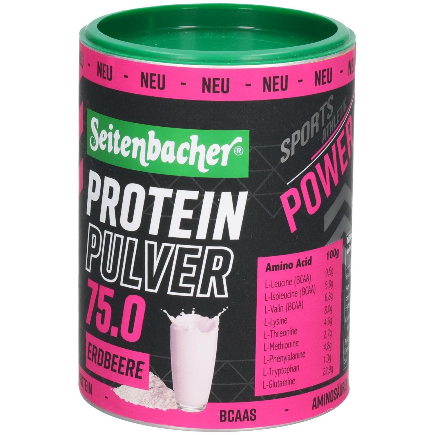 Zylindrische Dose mit grünem Deckel. Aufschrift: Seitenbacher Protein Pulver 75.0 Erdbeere. Abbildung eines Getränks. BCAA.