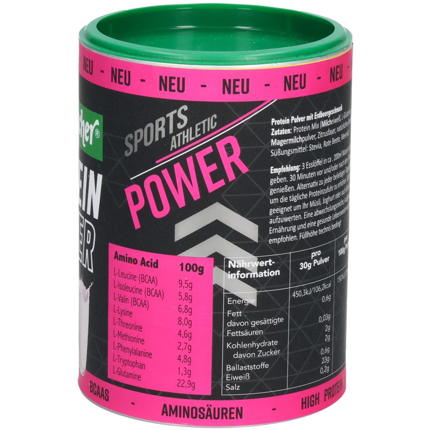 Zylindrische Dose mit grünem Deckel. Aufschrift: Seitenbacher Protein Pulver 75.0 Erdbeere. Text: SPORTS ATHLETIC POWER. BCAA.