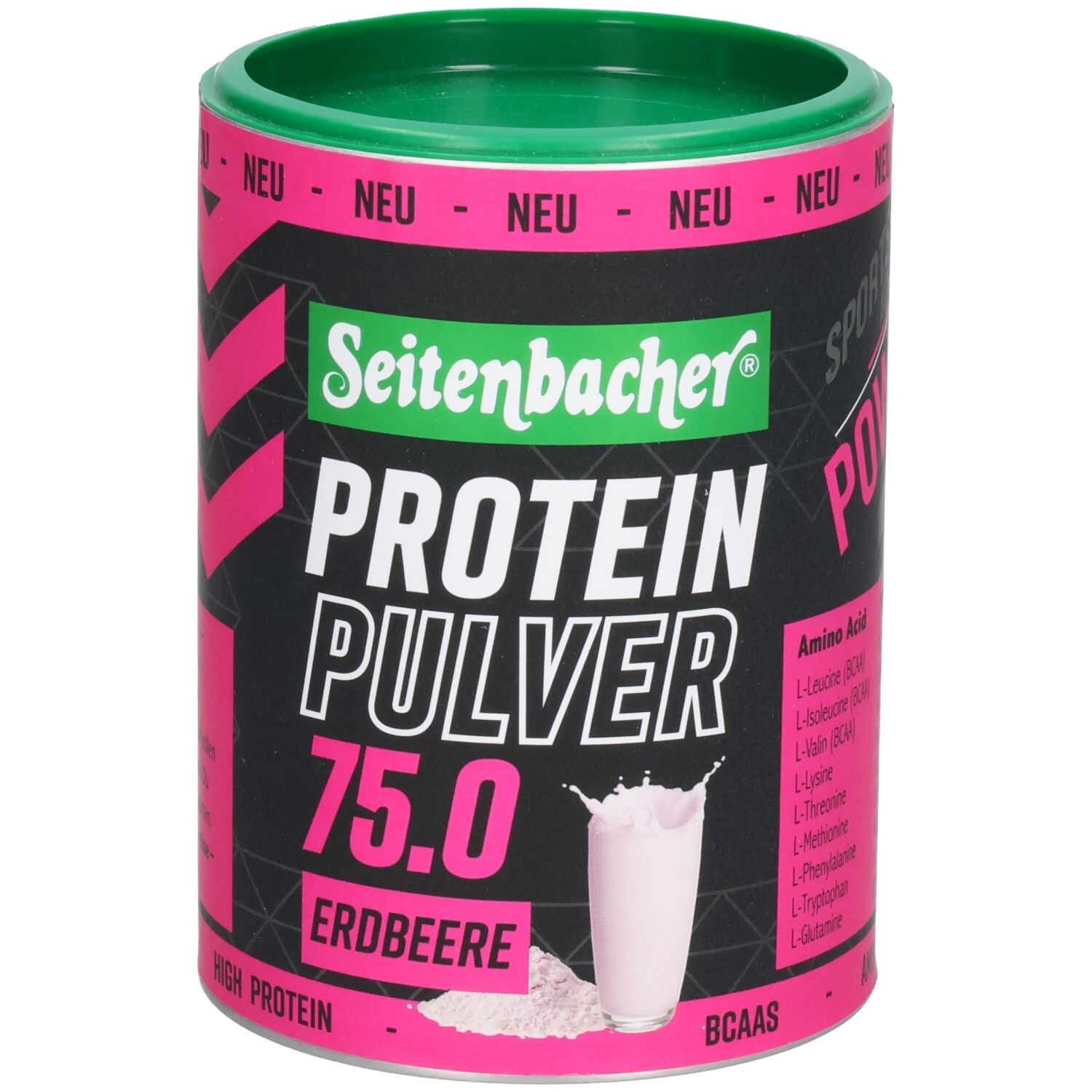 Zylindrische Dose mit grünem Deckel. Aufschrift: Seitenbacher Protein Pulver 75.0 Erdbeere. Text: SPORTS ATHLETIC POWER. BCAA.