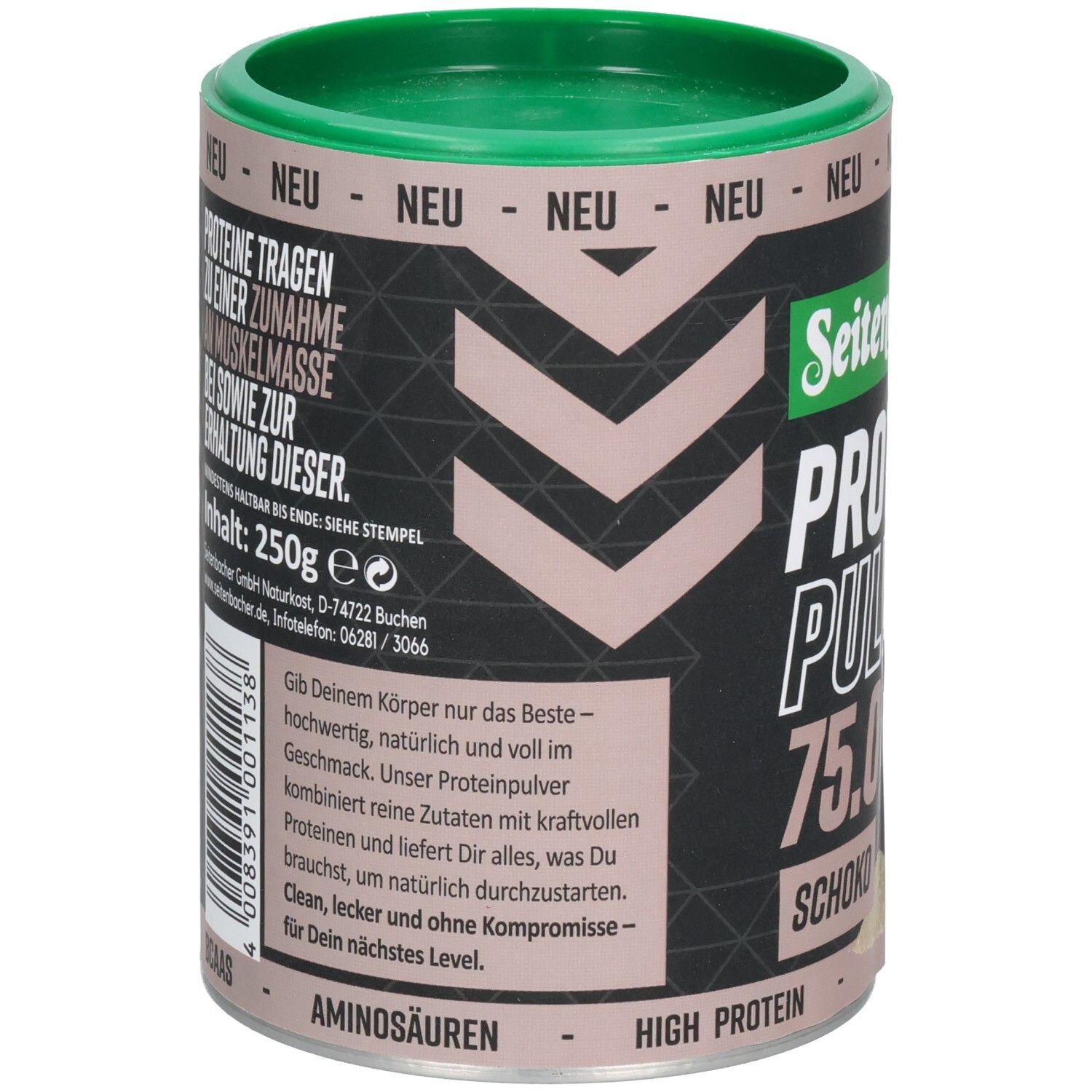 Dose Seitenbacher Proteinpulver Schoko. Rückseite mit Text und Nährwertangaben. Inhalt: 250g. Aminosäuren und High Protein.