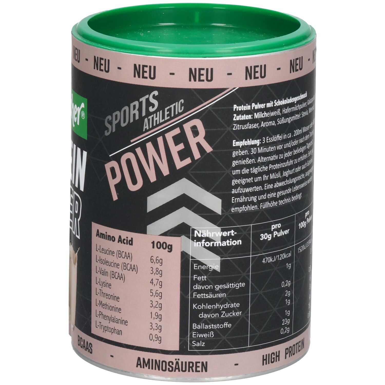 Dose Seitenbacher Proteinpulver Schoko. Rückseite mit Text, Nährwertangaben und Aminosäuren. High Protein und BCAA.