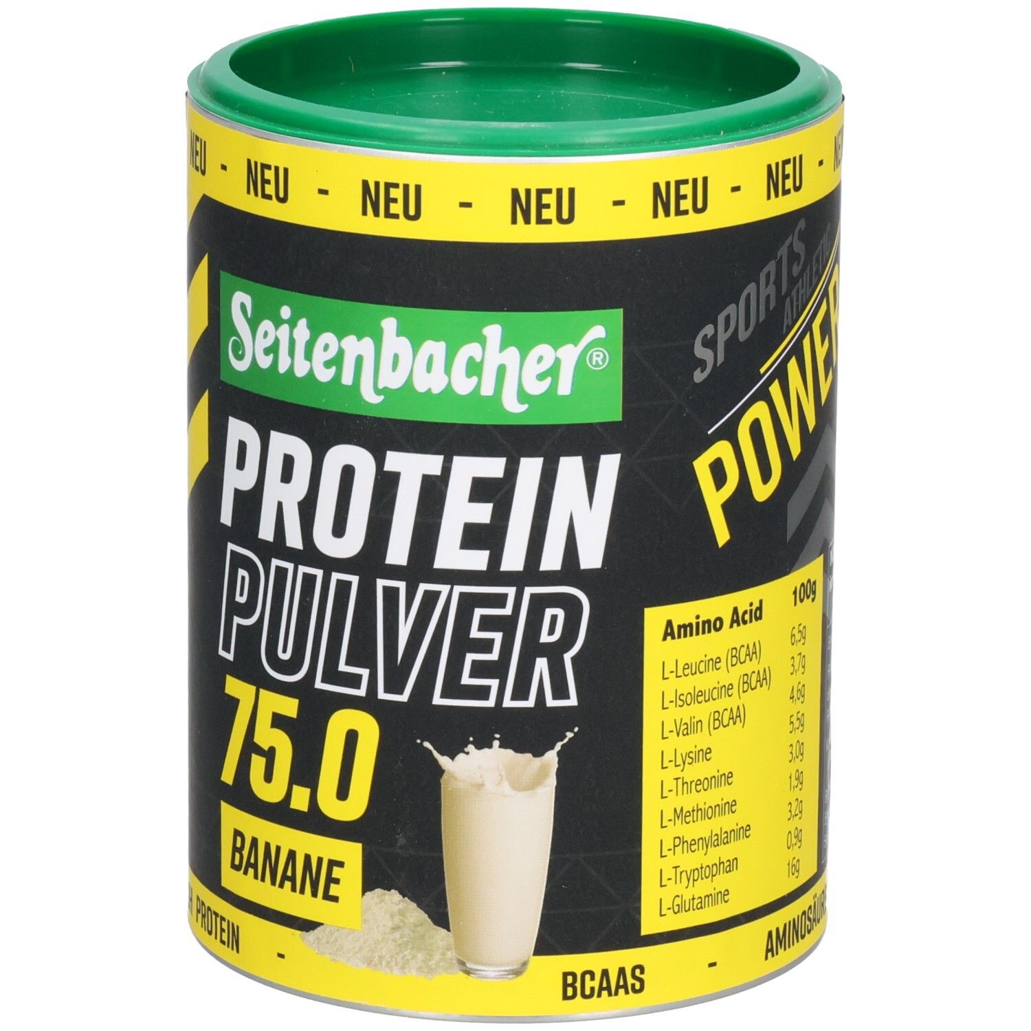 Dose Seitenbacher Proteinpulver Banane. Grün-gelbe Verpackung. Aufschrift: Protein Pulver 75.0. Abbildung eines Getränks. Aminosäuren.
