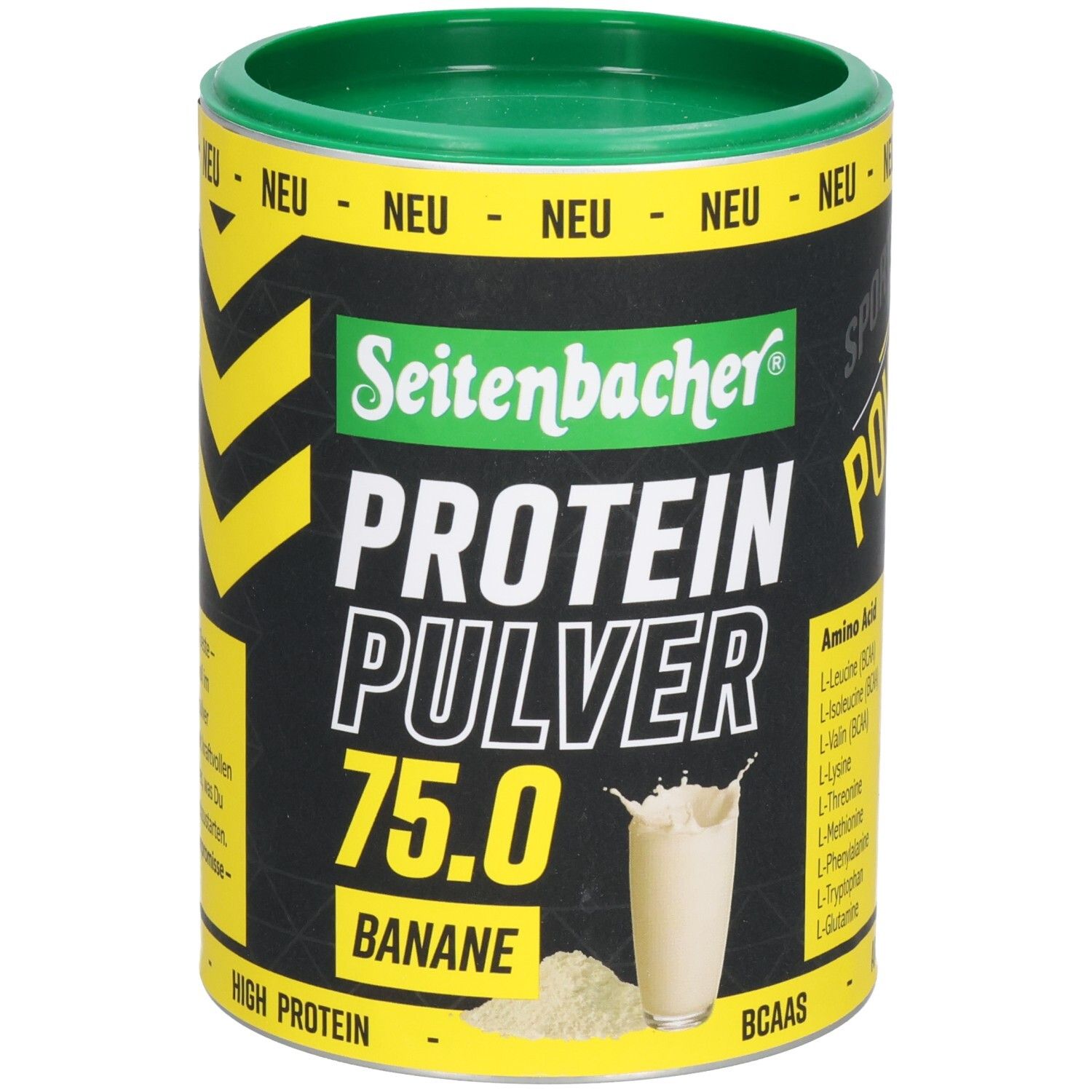 Dose Seitenbacher Proteinpulver Banane. Grün-gelbe Verpackung. Aufschrift: Protein Pulver 75.0. Abbildung eines Getränks. Aminosäuren.