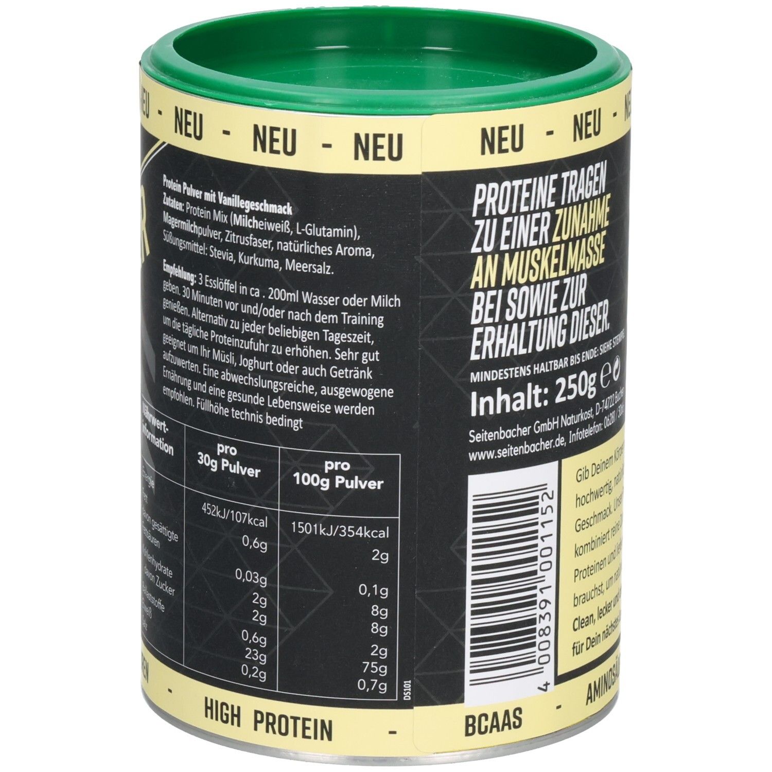 Dose Seitenbacher Proteinpulver. Rückseite mit Text und Nährwertangaben. Grün-gelbe Verpackung. Aufschrift: Aminosäuren.