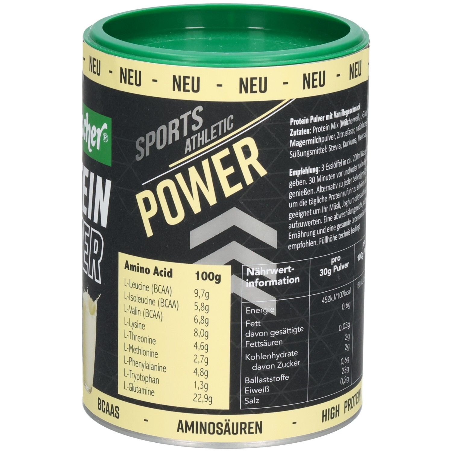 Dose Seitenbacher Proteinpulver. Rückseite mit Text und Nährwertangaben. Grün-gelbe Verpackung. Aufschrift: Aminosäuren.