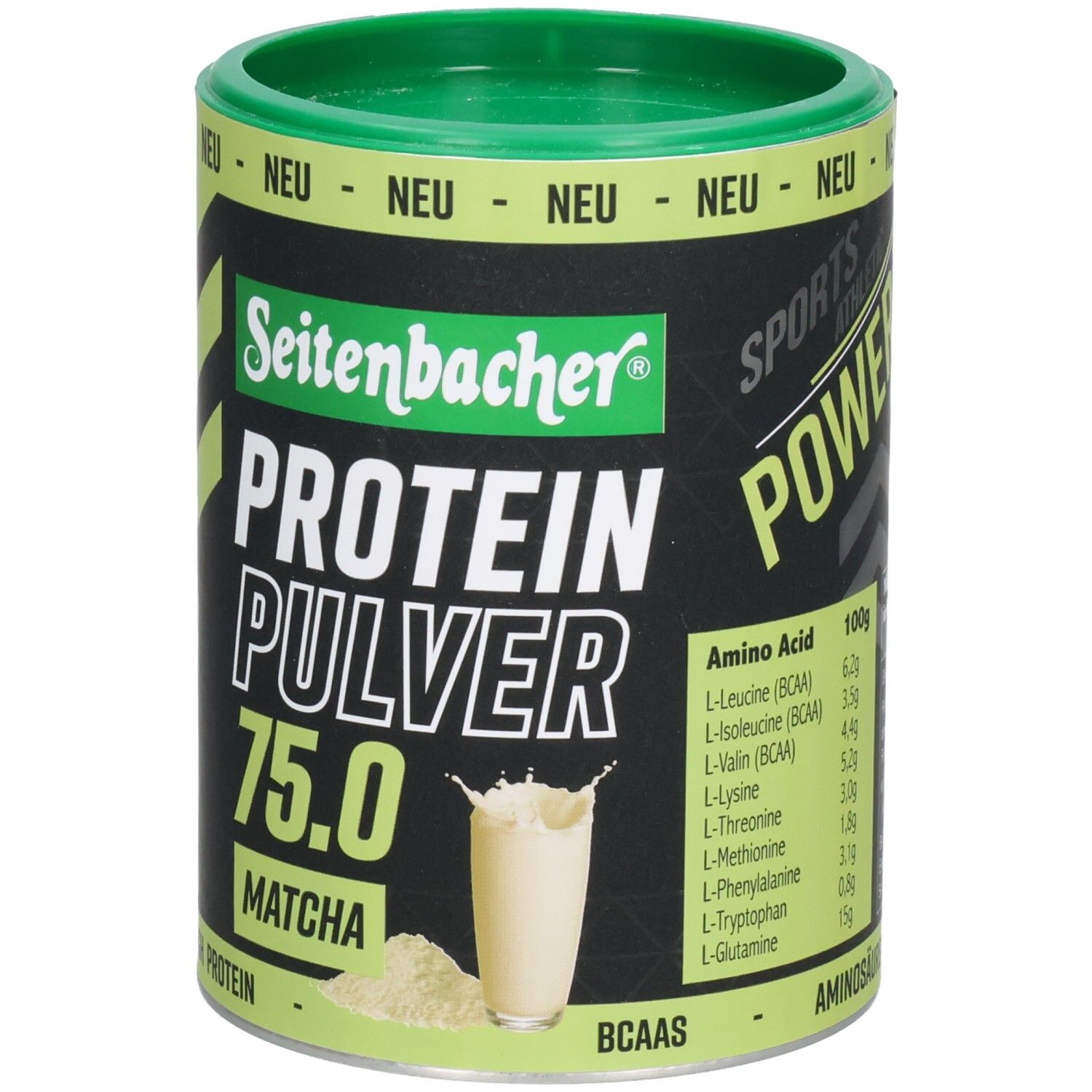 Grüne Dose Seitenbacher Proteinpulver Matcha. Aufschrift: Protein Pulver 75.0, Matcha. Abbildung eines Getränks.