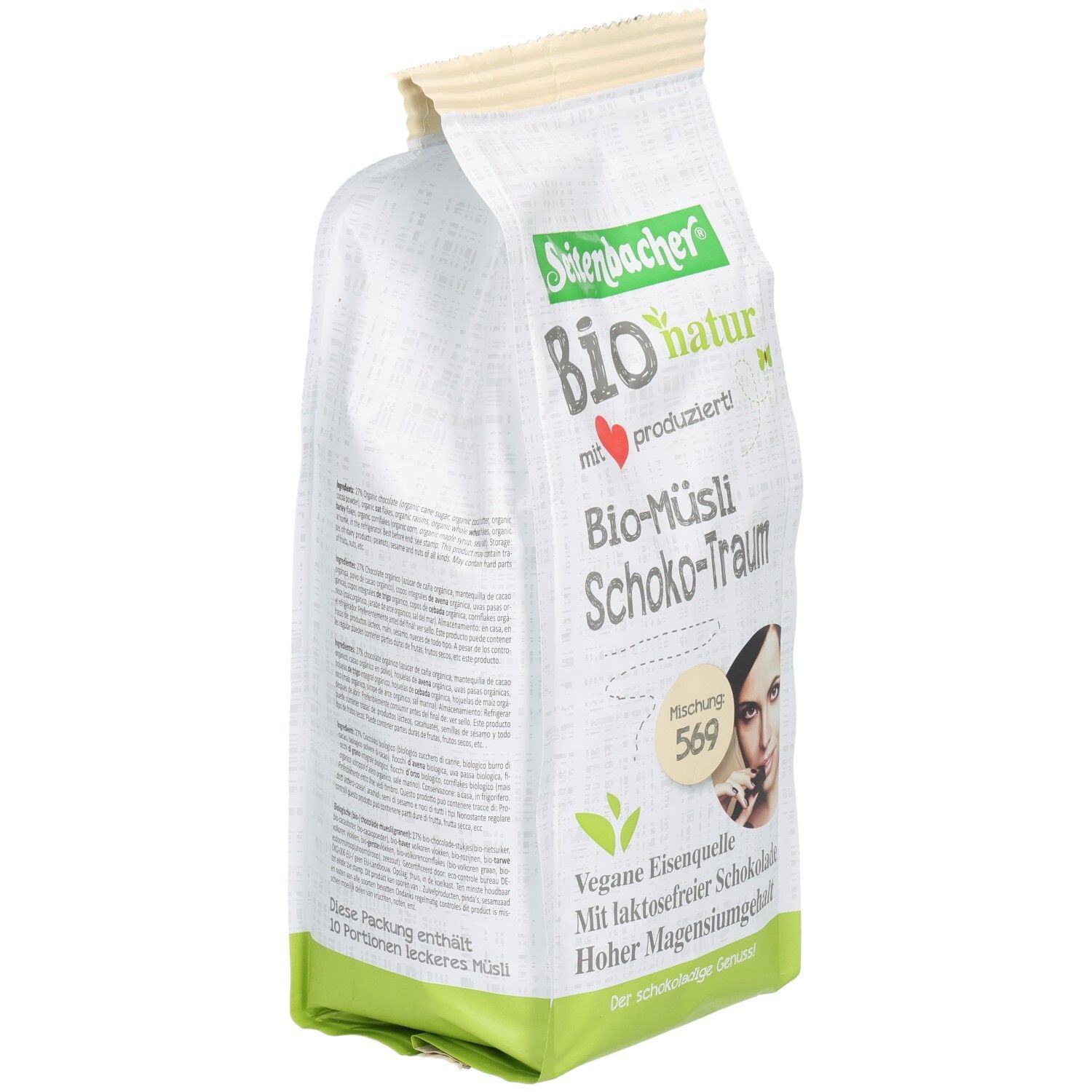 Seitenbacher Bio-Müsli Schoko-Traum Verpackung. Aufdrucke: Bio-natur, vegane Eisenquelle, laktosefreie Schokolade, hoher Magnesiumgehalt. 20 Portionen.