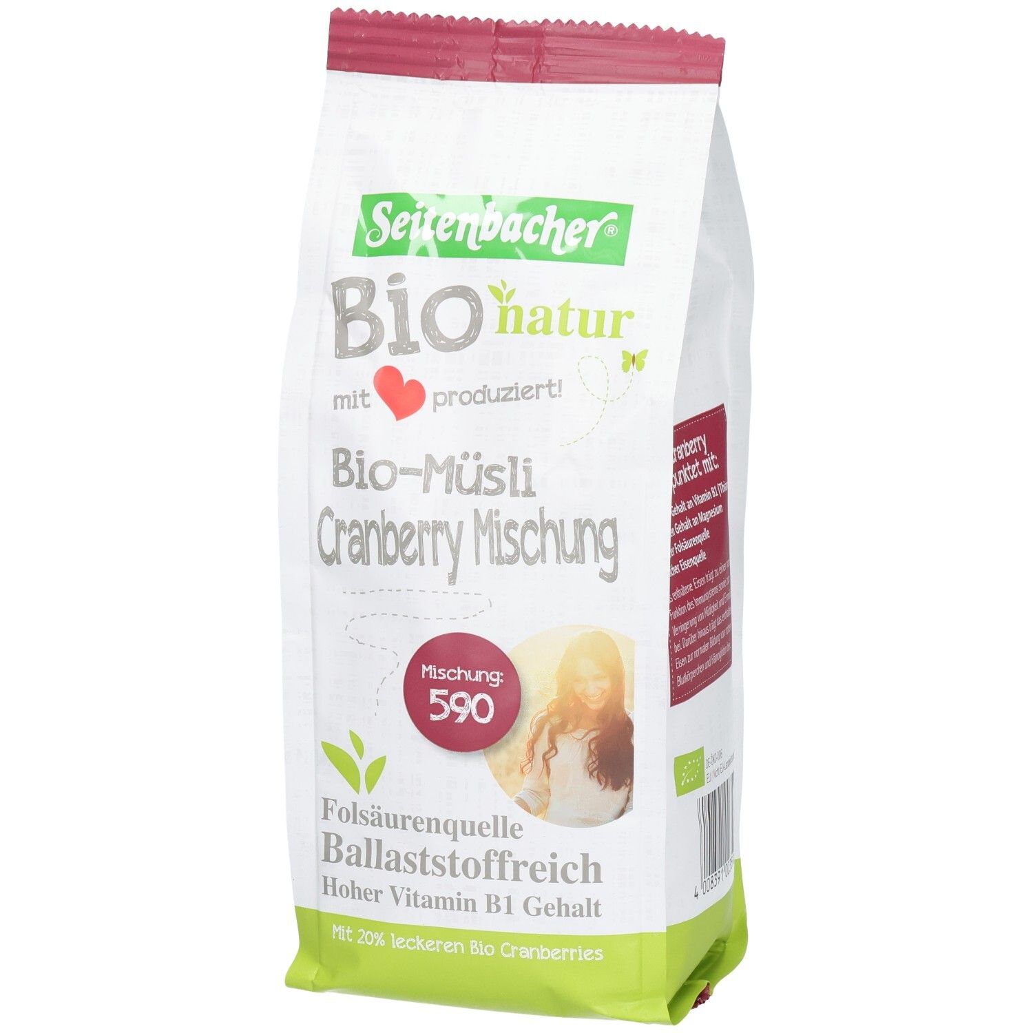 Seitenbacher Bio-Müsli Cranberry Mischung Verpackung. Vorderansicht mit Produktnamen, Logo und Abbildung. Rote runde Kennzeichnung 590.